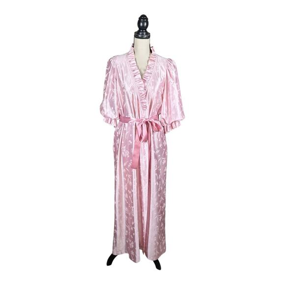 Vintage 70’s Miss Elaine Satin Floral Print Ruffle Trim Puff Sleeve Robe - Picture 1 of 9